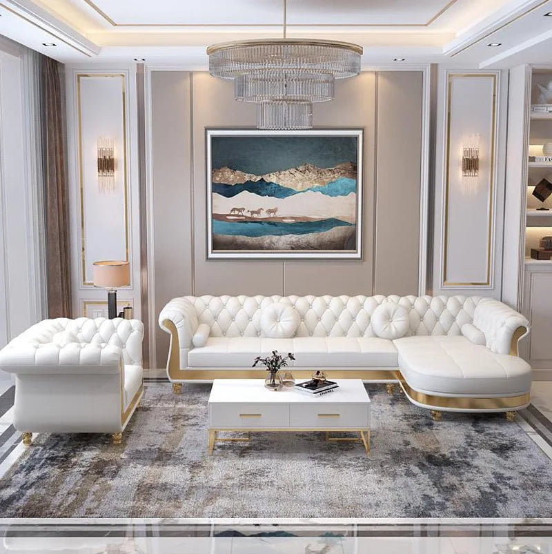 Canape Modern Living Room Furniture Couches Upholstered  Lounge Leather Sectional Tufted White Sofa Set
