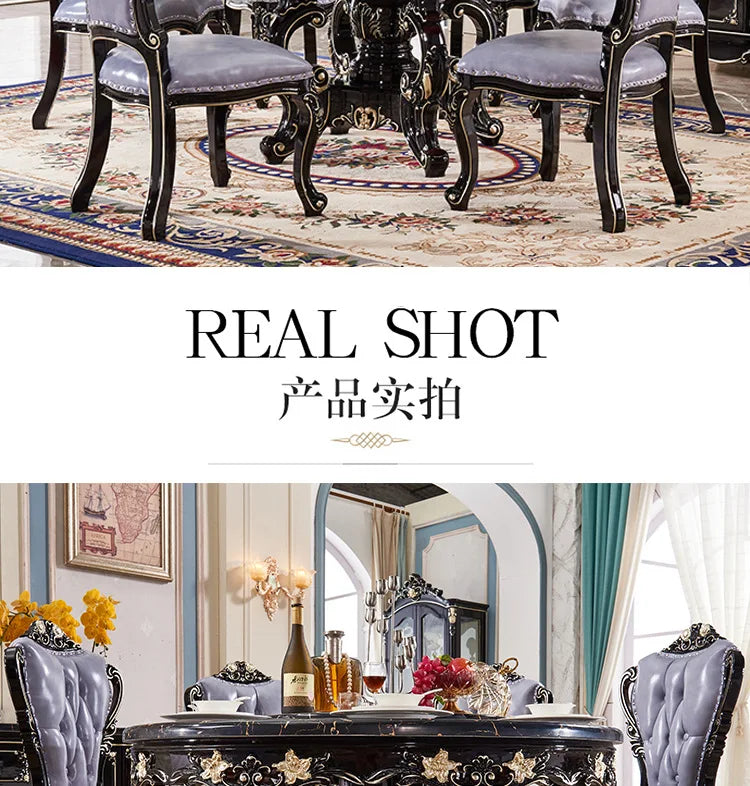 European marble dining table and chair combination American round table ebony French solid wood round dining table household