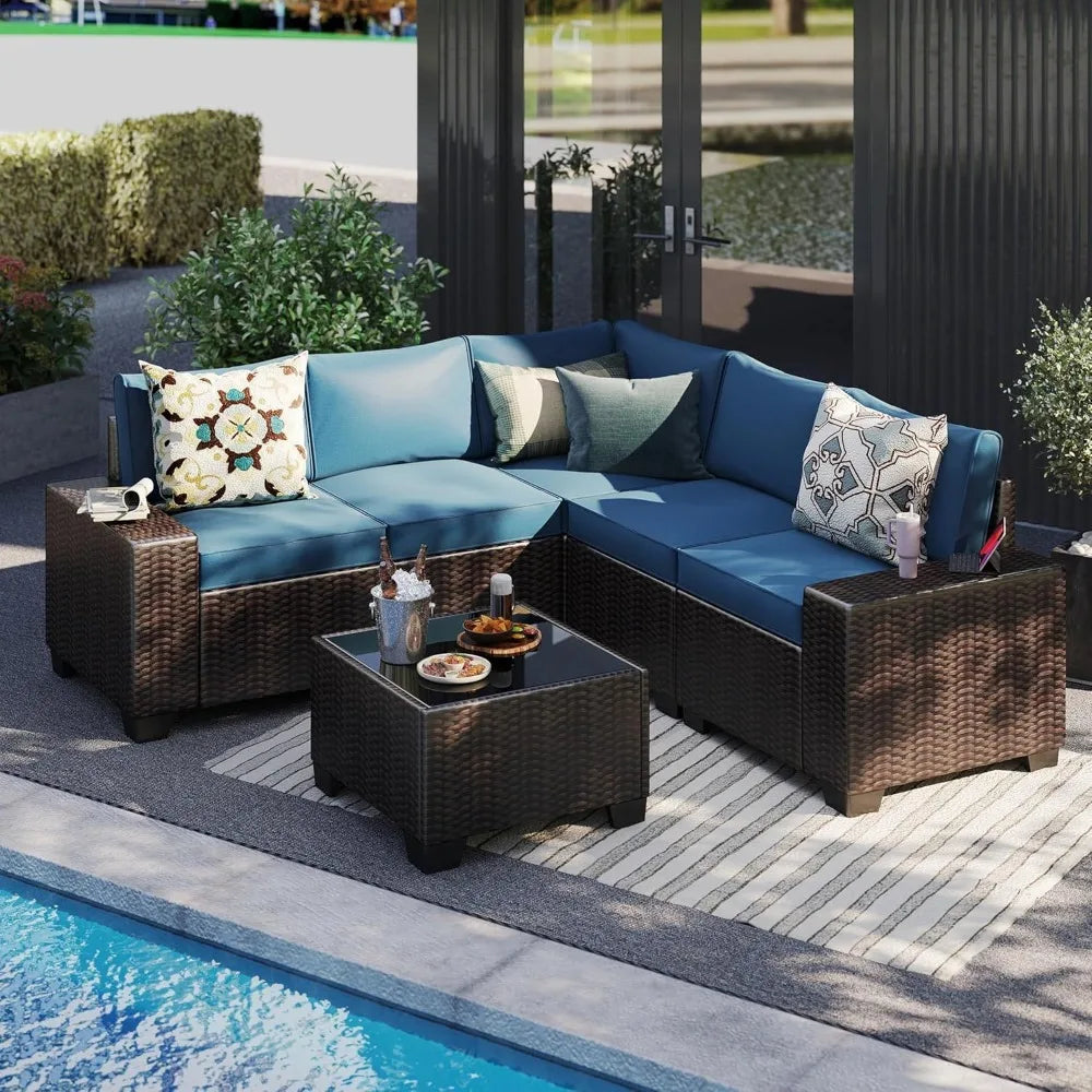 6 Pieces Patio Furniture Set, Outdoor Sectional Set of 6 w/Wide Armrest, Waterproof Wicker Conversation Set for Backyard, Dec
