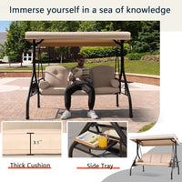 Patio Porch Swing 3Seat Outdoor Swing with Adjustable Canopy Waterproof Fabric Cushion Pillow and Foldable Side Tray for Patio