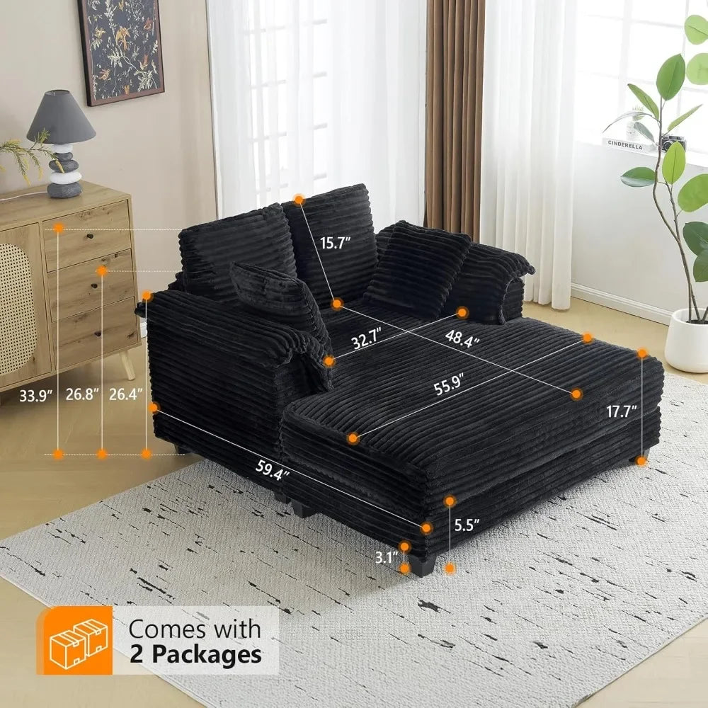 56" Oversized Chaise Lounge Chair, Black Comfy Corduroy Chaise Sofa Recliner Bed Upholstered Sleeper Couch Bed with Throw Pillow