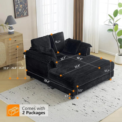 56" Oversized Chaise Lounge Chair, Black Comfy Corduroy Chaise Sofa Recliner Bed Upholstered Sleeper Couch Bed with Throw Pillow
