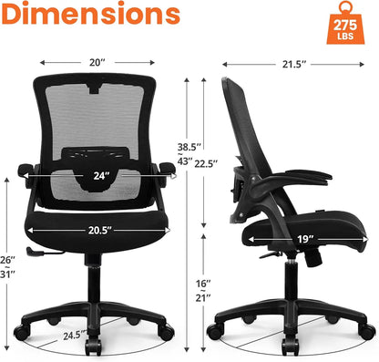 Office Desk Gaming Chair Computer High Back Mesh Seat with Rolling Wheels Ergonomic Adjustable Comfy Flip-up Armrests Lumbar Sup