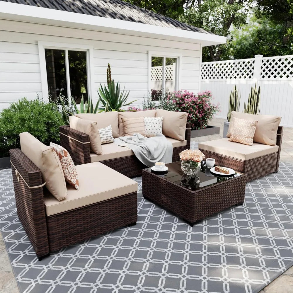 5-Piece Outdoor Patio Furniture Set Wicker Sectional Sofa Conversation Couch for Decks Backyards Gardens