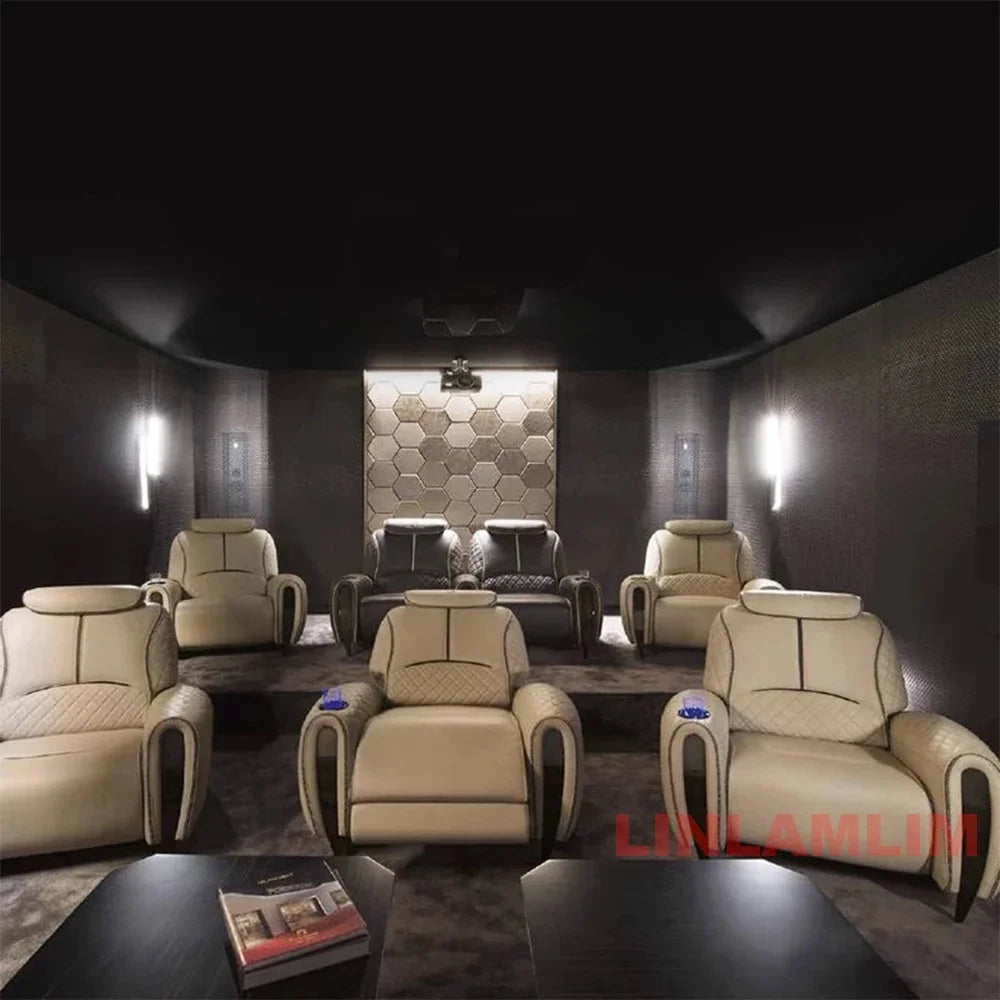 Luxury Electric Recliner Theater Seating Sofa – Modern Home Theater Chairs with LED Lighting, USB, Massage, Cooling Cup Holder