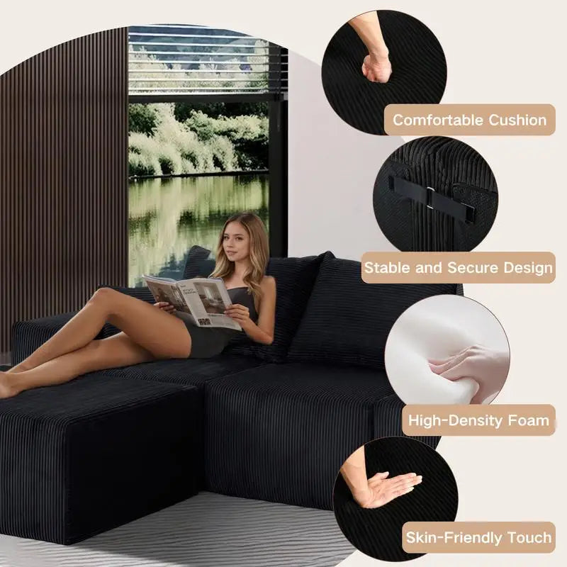 Modular U-Shaped Sectional Sofa in Black, Convertible Oversized Couch with Chaise Lounge, No Assembly Required, Soft Corduroy