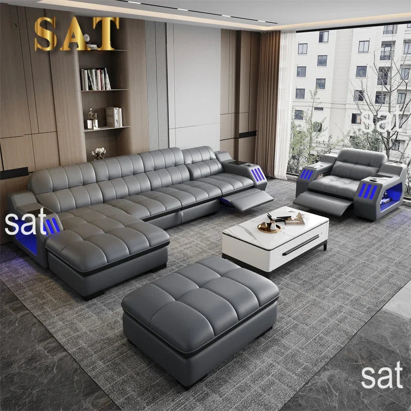-Popular New Products Massage Function Furniture Living Room Sofa 3 Set Leather Sectional L-shaped Princess Side Table Bluetooth