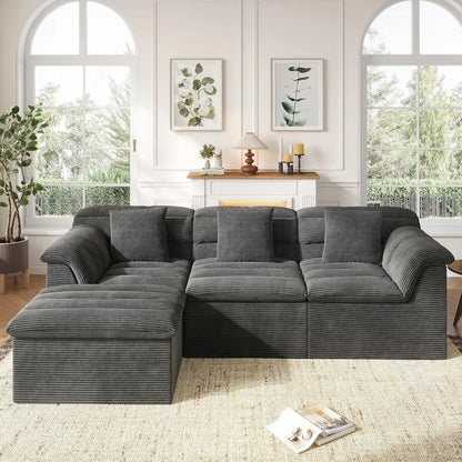112" Modular Cloud Sectional Couch with Ottoman, Modern Upholstered Compressed Sofa with Deep Seat, Comfy L-Shape Corduroy Couch