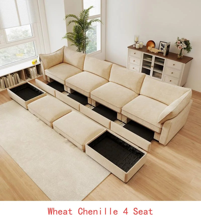 U-Shaped 4-Seat Deep Seat Sofa Couch with 2 Movable Ottomans, Oversized Modular Sectional Sofa with Storage Drawers Under Each