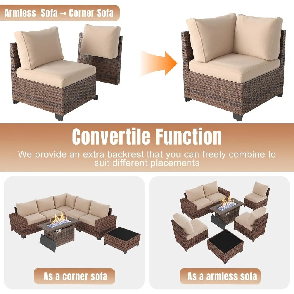 7 Pieces Patio Furniture Set with 44” Fire Pit Table Wicker Rattan Sectional Conversation Set with Coffee Table and 4”