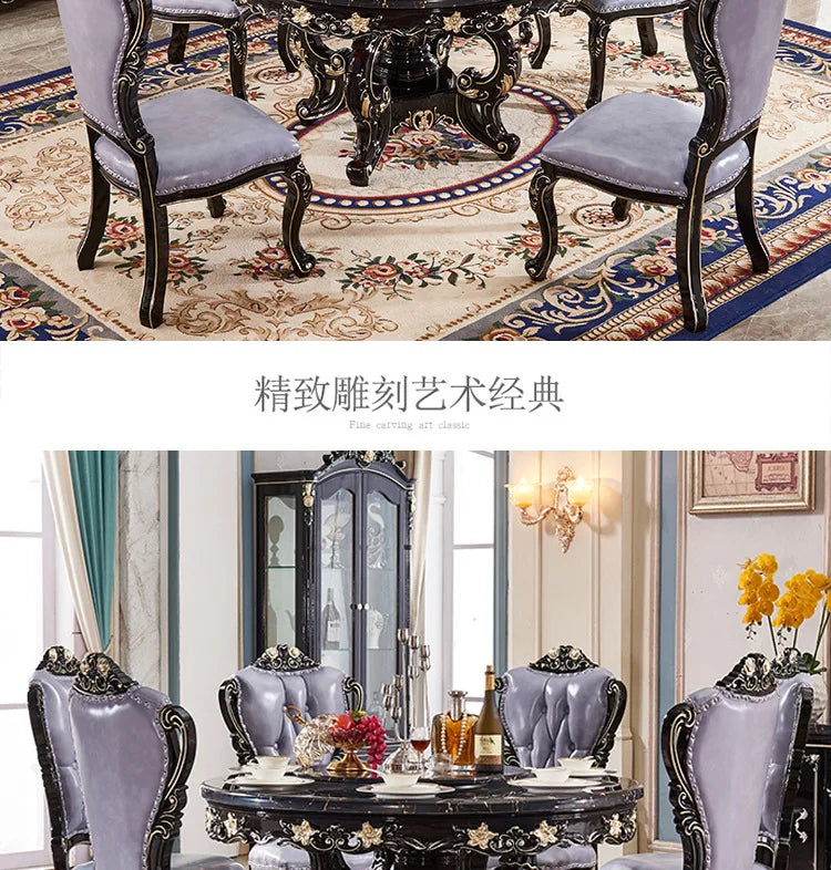 European marble dining table and chair combination American round table ebony French solid wood round home