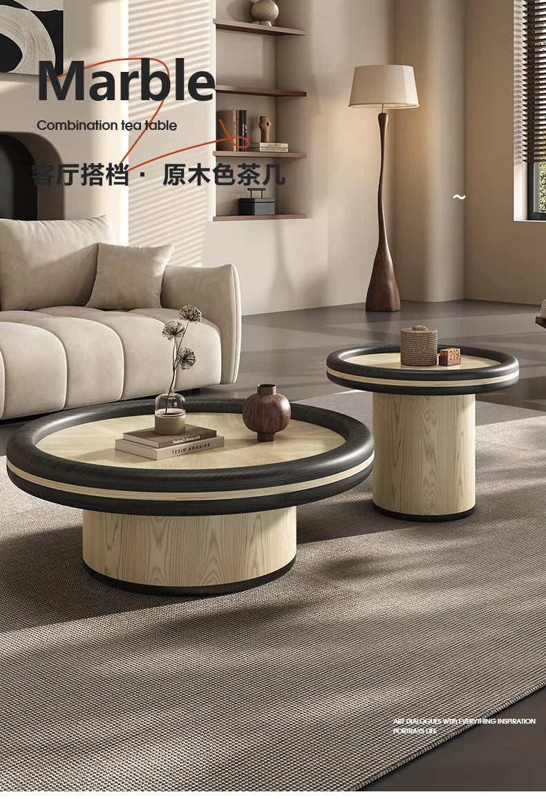 Table basse italienne minimaliste en bois massif, table à thé ronde d'art haut de gamme, table basse wabi-sabi pour salon et maison