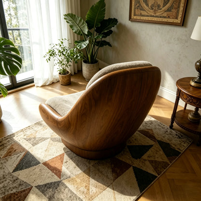 Modern Luxury Swivel Accent Chair with Sculptural Walnut Frame and Soft Boucle Upholstery