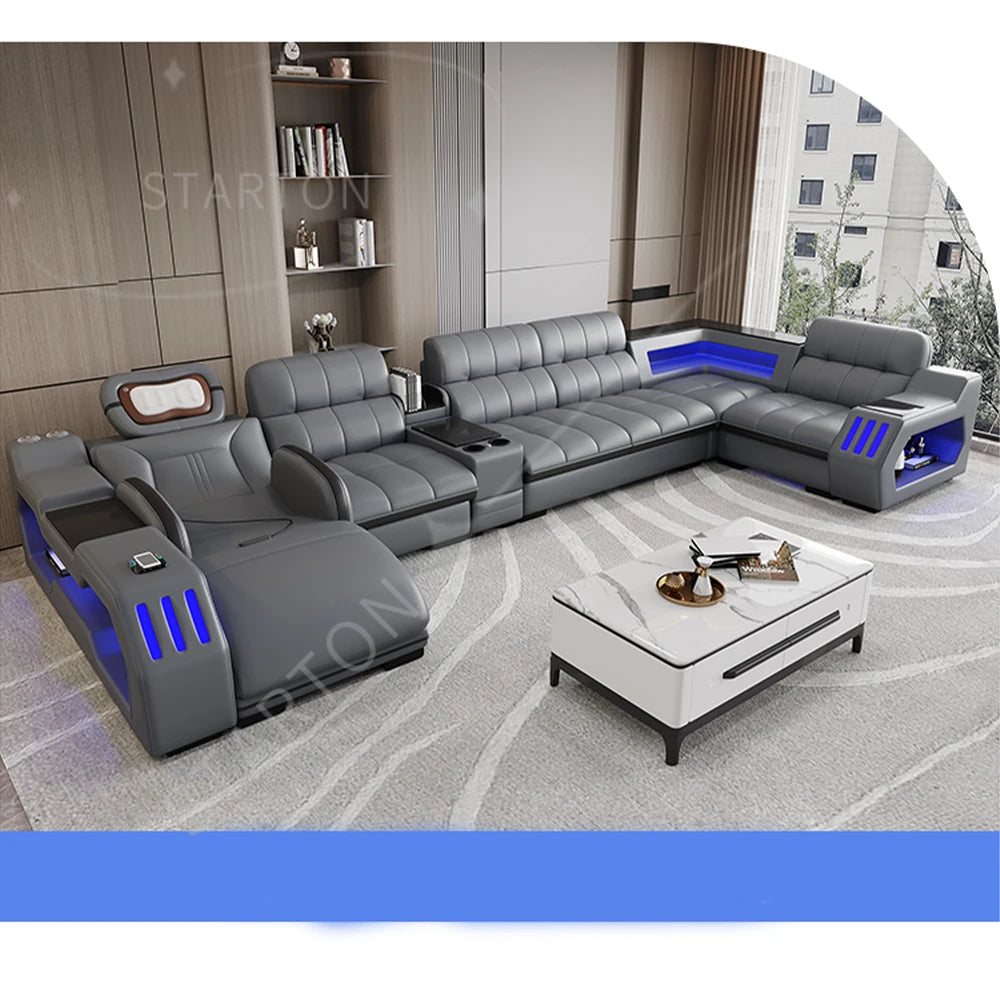 Modern Sectional Sofa Bed with LED Light, Electric Recliner and Massage，Living Room Genuine Leather Couch