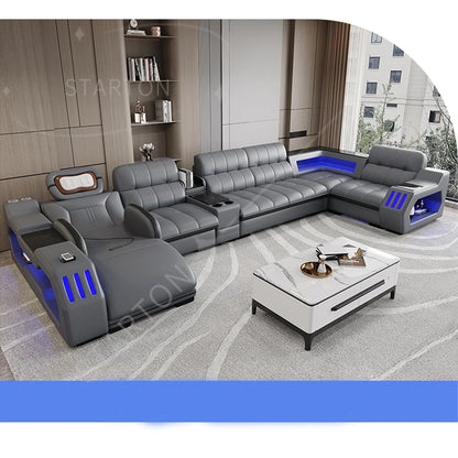 Modern Sectional Sofa Bed with LED Light, Electric Recliner and Massage，Living Room Genuine Leather Couch