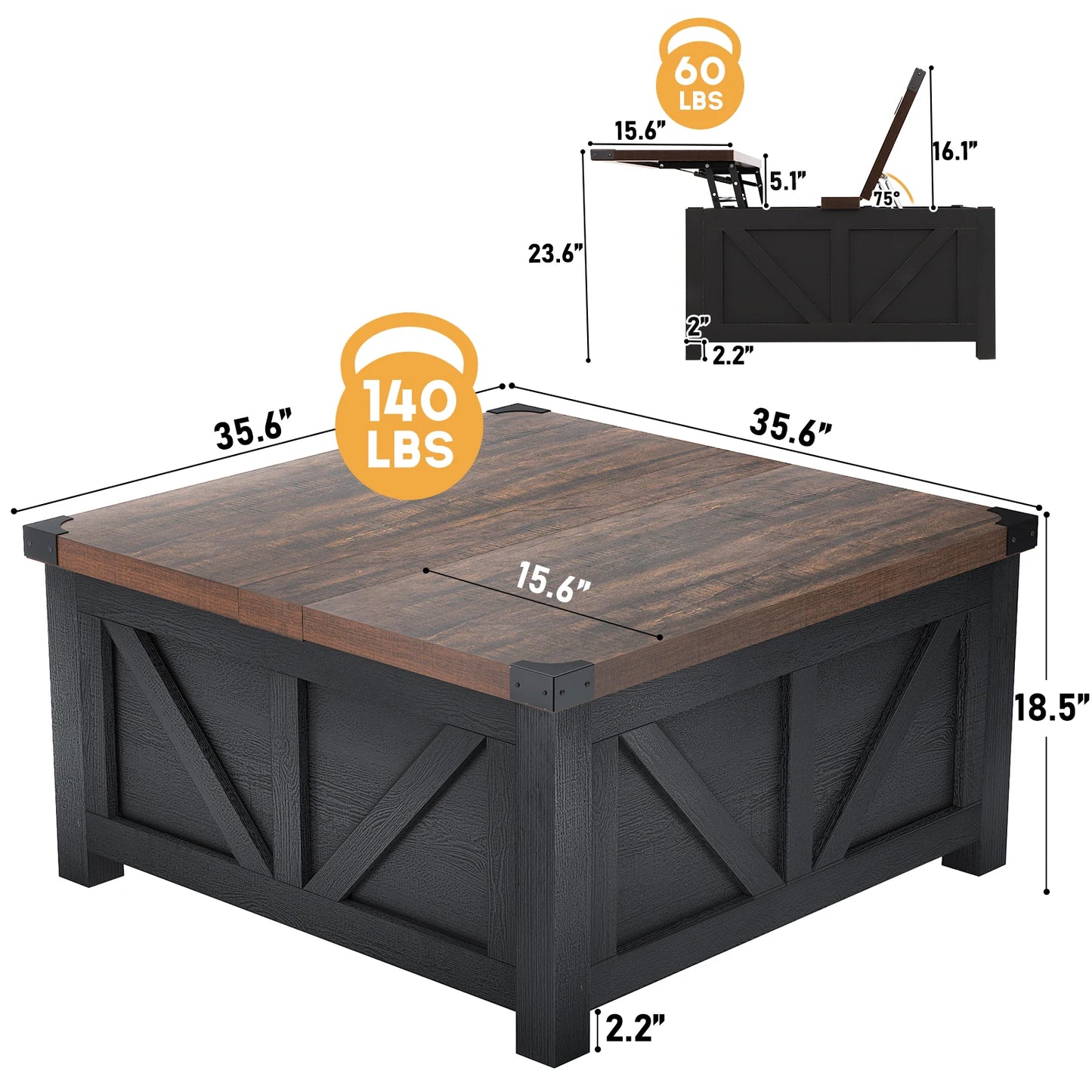 35.6"/40'' Lift Top Coffee Table with Storage, Square Coffee Table for Living Room, Farmhouse Coffee Table with Large Hidden