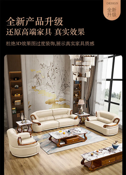 A38 Leather Sofa Luxury Villa Living Room New Chinese Style First Layer Cowhide European Solid Wood Home