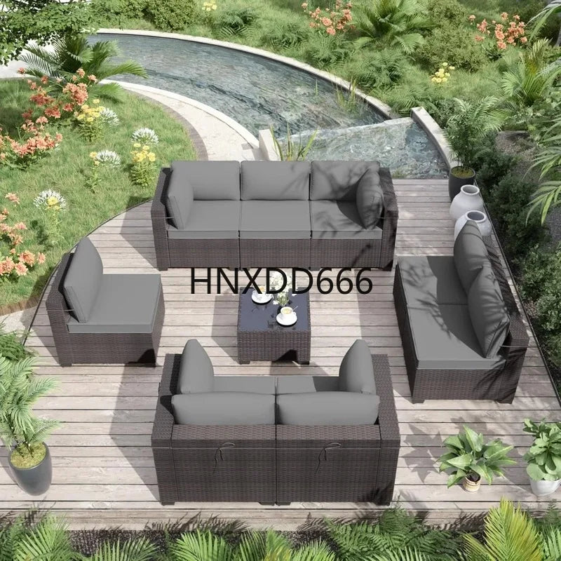Outdoor Patio Sectional Sofa Set - 9 Piece Brown PE Rattan Conversation Furniture