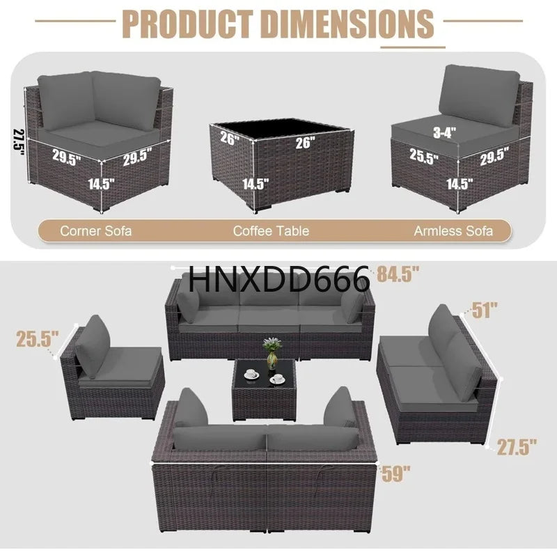 Outdoor Patio Sectional Sofa Set - 9 Piece Brown PE Rattan Conversation Furniture