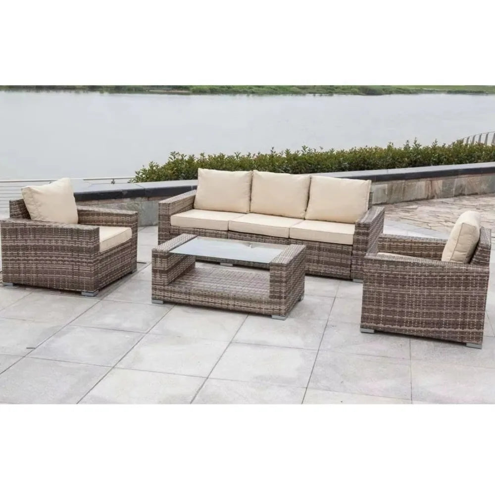 Patio Furniture Set Garden 5PCS Galvanized Steel Garden Set Wicker Ratran Sofa
