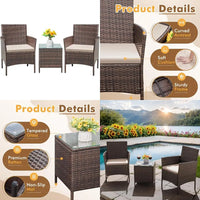3-Piece All-Weather Rattan Outdoor Furniture Set with Tempered Glass Table for Patio and Bistro