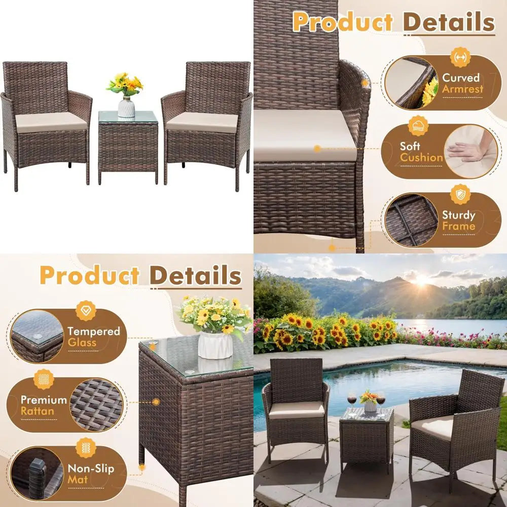 3-Piece All-Weather Rattan Outdoor Furniture Set with Tempered Glass Table for Patio and Bistro