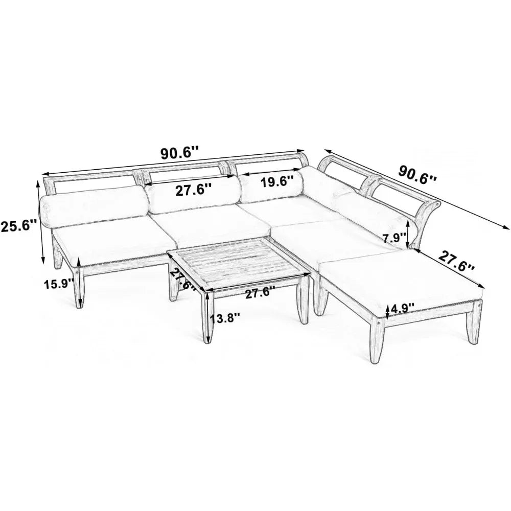 6 Piece Patio Sofa Set, Acacia Wood Outdoor Modular Sectional Garden Furniture Set L-Shaped Conversation Set,Convertible Daybed