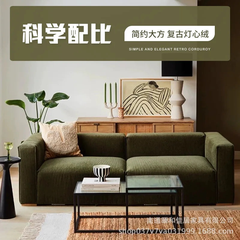 Retro corduroy tofu sofa straight row small apartment living room corner combination fabric small sofa