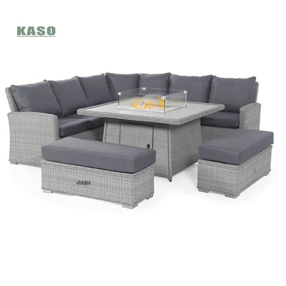 4 Piece Modern Luxury Dining Metal Aluminum Wicker Rope Ratan Sofa Garden Set With Fire Pit Outdoor Rattan Patio Furniture Set