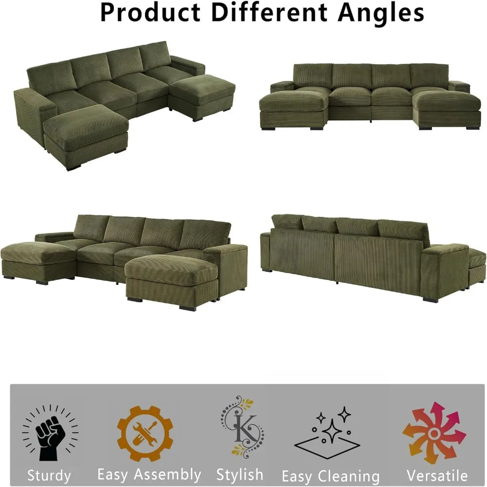 U-Shaped Cloud Couches for Living Room,122" Modular Sectional Cloud Sofas with Deep Seat Removable Ottomans,Modern Corduroy