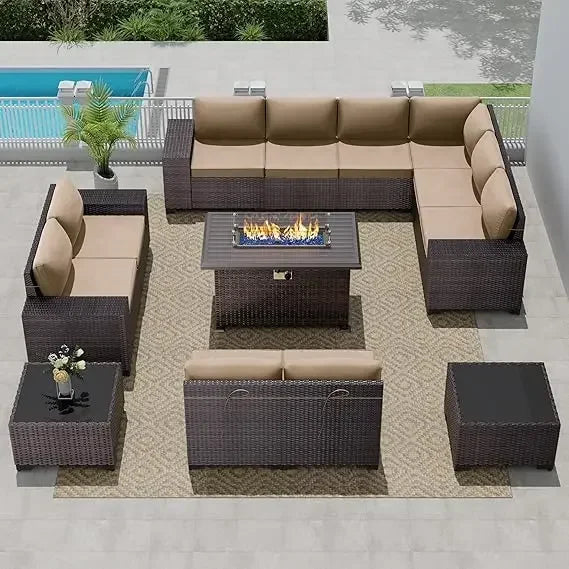 Outdoor Patio Furniture with Propane Fire Pit Table Sectional Sofa Conversation Sets w/ETL Approved
