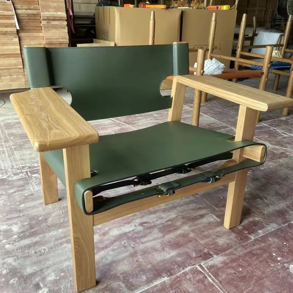 Nordic Solid Wood Design Saddle Leather Hunting Chair Living Room Balcony Wabi Sabi Single Deck Chair