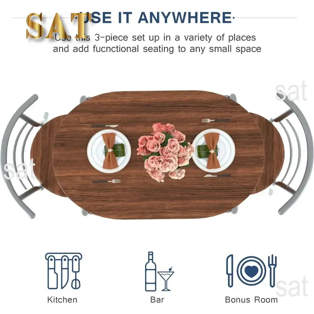 v 3 Piece Small Round Dining Table Set for Kitchen Breakfast Nook, Wood Grain Tabletop with Wine Storage Rack, Save Space, 31.