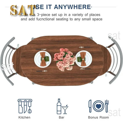 v 3 Piece Small Round Dining Table Set for Kitchen Breakfast Nook, Wood Grain Tabletop with Wine Storage Rack, Save Space, 31.