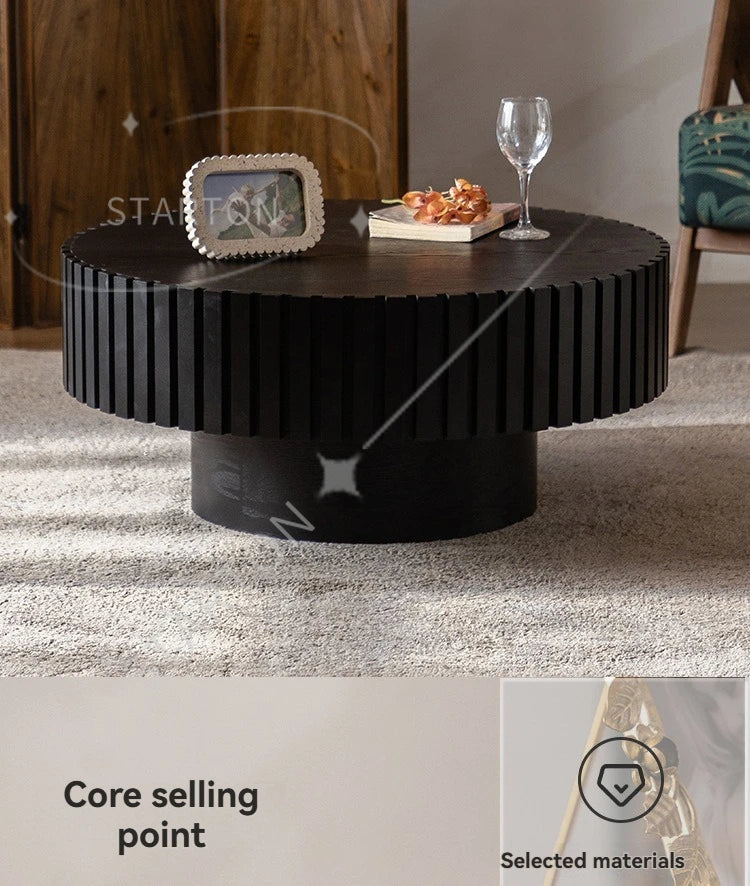Modern Wooden Coffee Table Round Black with Solid Wood Veneered, Circle Center Table Accent Tea Table for Living Room Apartment