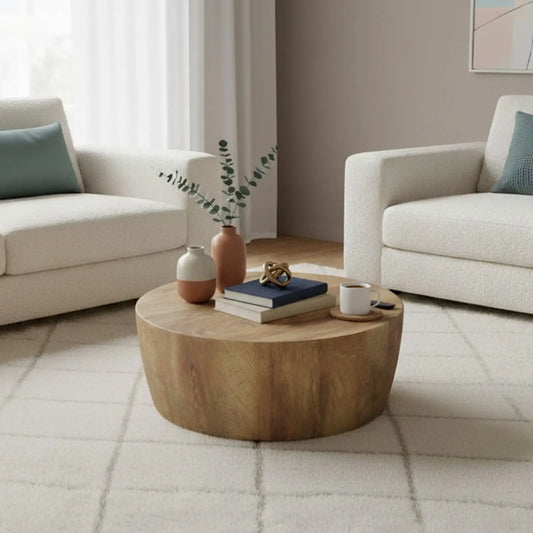 29.5" Round Coffee Table, Convertible Rustic Coffee Table Table with Wooden Veneer, Drum Coffee Table for Living, Customized