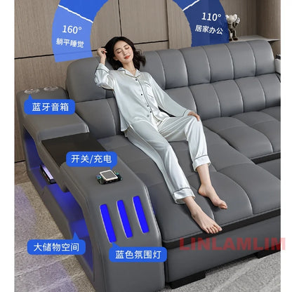 Modern Sectional Sofa Bed with LED Light, Electric Recliner and Massage | Living Room Genuine Leather Couch with Cup Holder, USB