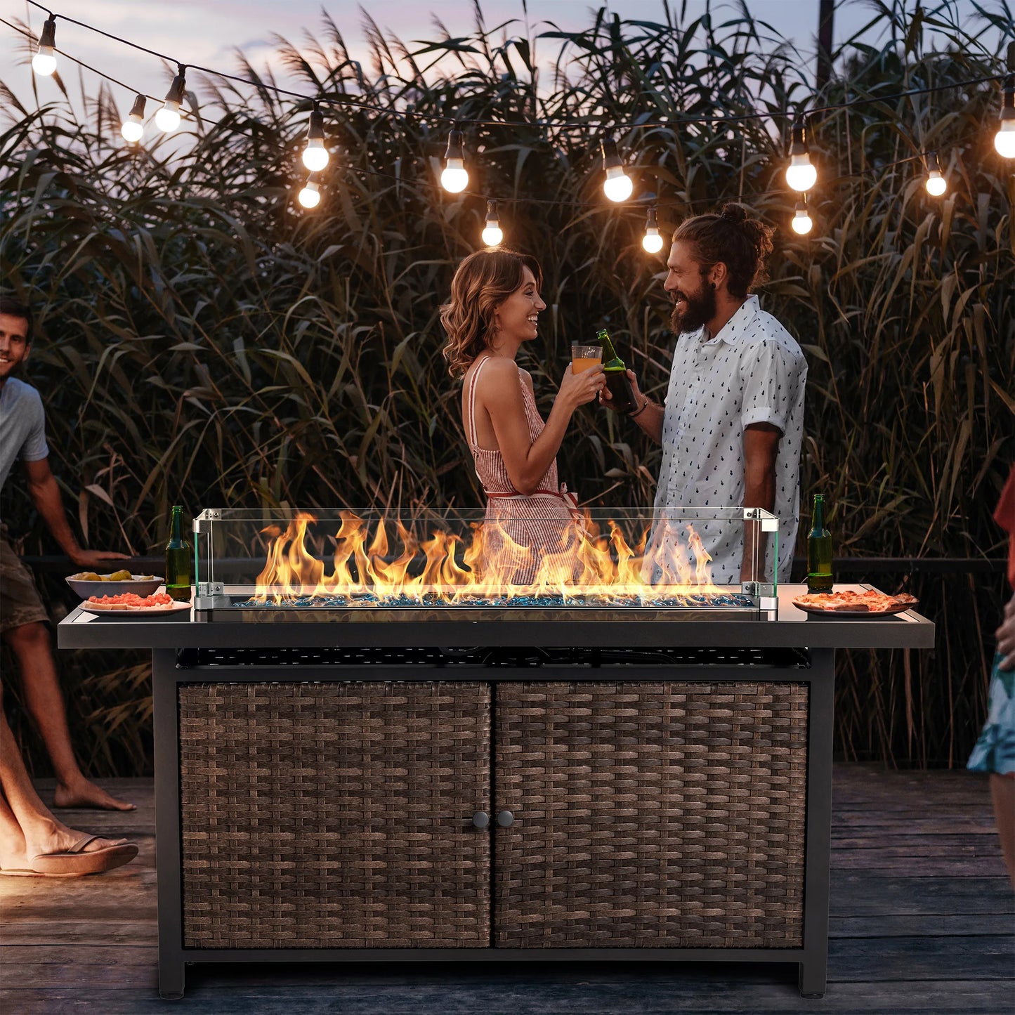 42 Inch Gas Fire Pit Table, 50,000 BTU Propane Pits for Outside with Steel Lid and Waterproof Cover, 2 in 1 Firepit Table