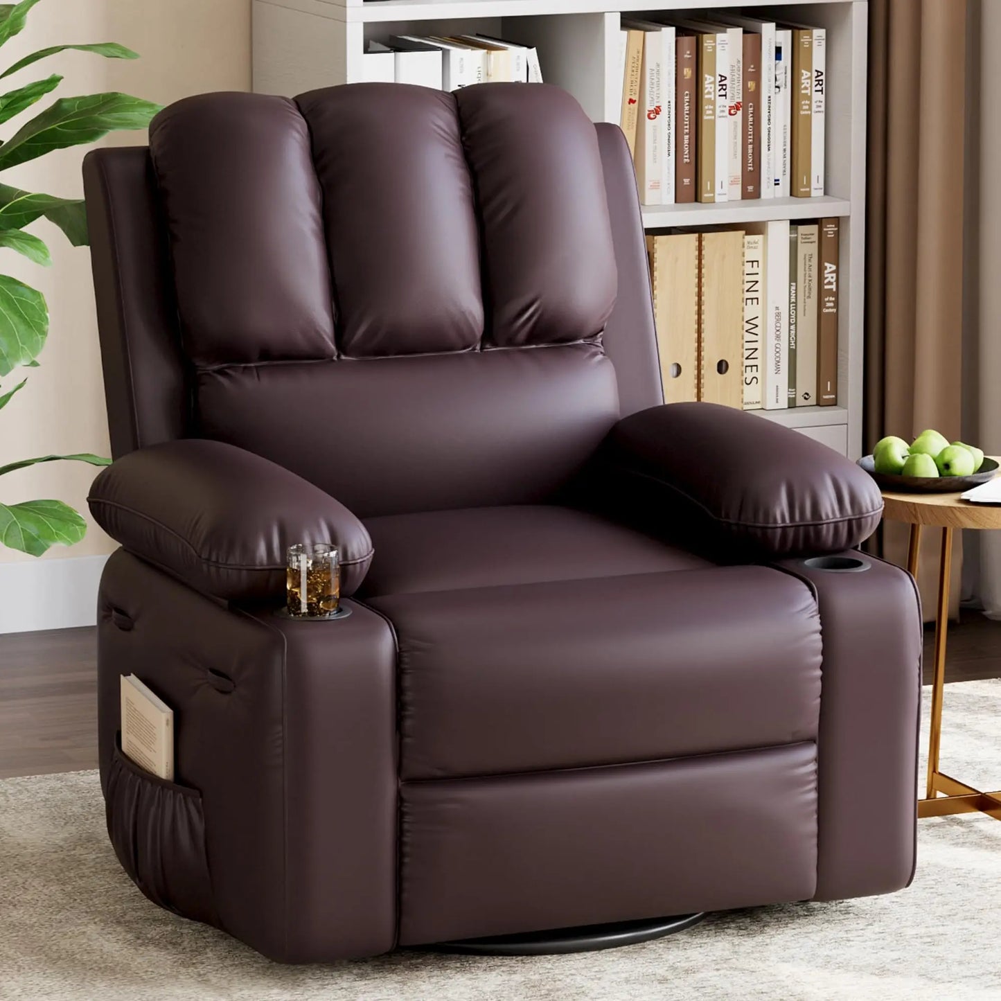 Oversized Recliner Chair With Massage and Heat Function, Adults Leather Single Sofa With Cup Holder For Living Room, Bedroom