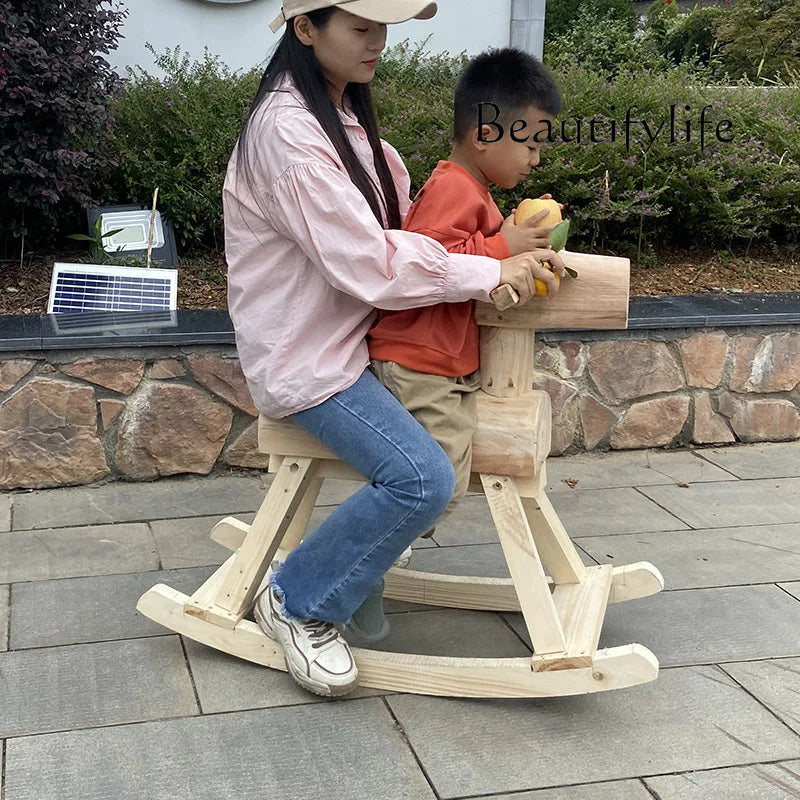Anti-corrosive solid wood rocking horse carbonized wood rocking chair adult decoration kindergarten outdoor toy Trojan horse