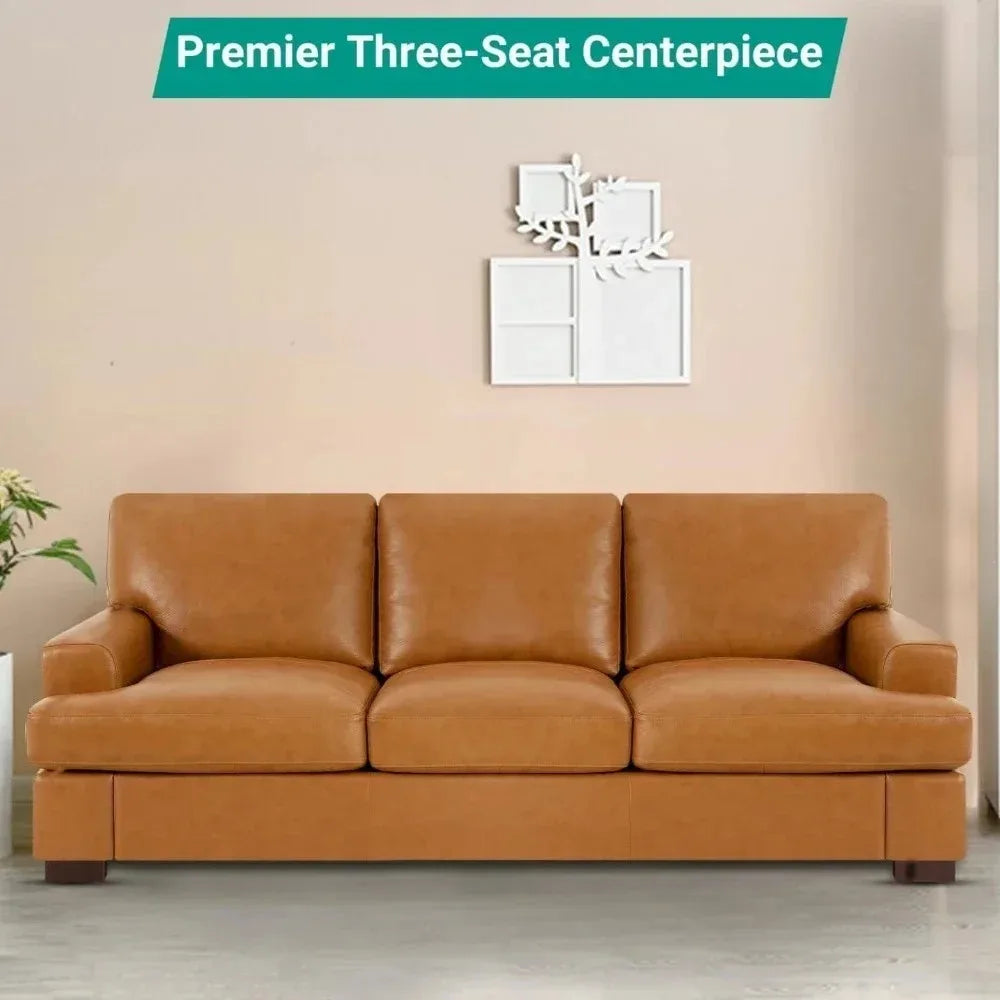 Genuine Leather Sofa - Luxurious Comfort, Goose Feather Cushion Filling, Square Arm Design, Sturdy Block Legs,