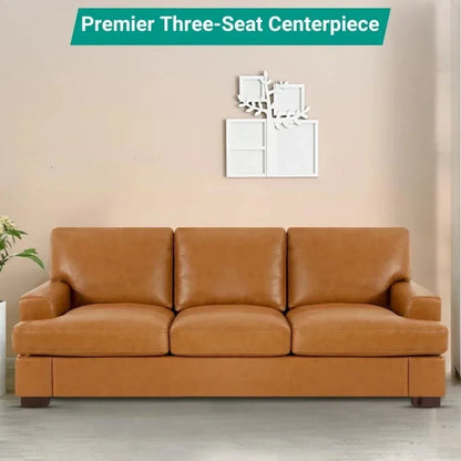 Genuine Leather Sofa - Luxurious Comfort, Goose Feather Cushion Filling, Square Arm Design, Sturdy Block Legs,