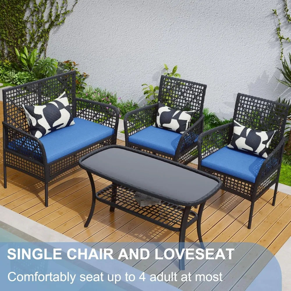 4 Pieces Outdoor Patio Furniture Set, PE Rattan Chairs Wicker Furniture with Coffee Glass Table and Soft Cushions, Outdoor Seati