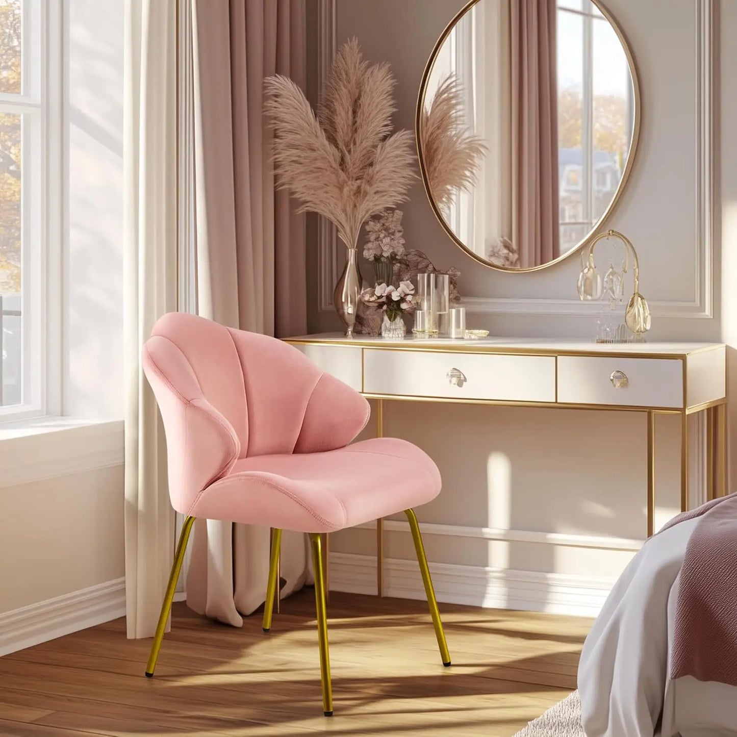 Velvet Accent Chair with Shell-Shaped Backrest, Modern Armchair with Gold Metal Legs for Dressing Room/Bedroom/Living Room
