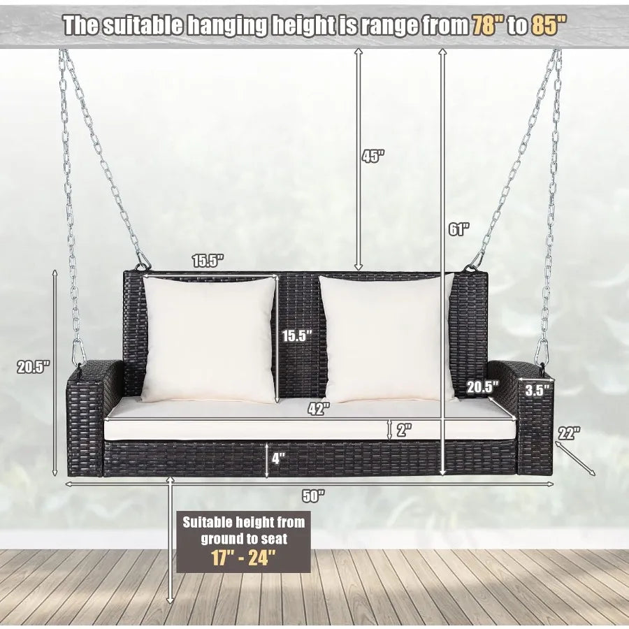 2Person Wicker Porch Swing Patiojoy Outdoor Rattan Hanging Swing Bench with 2 Back Cushions and 1 Seat Cushion Sturdy Steel Cha