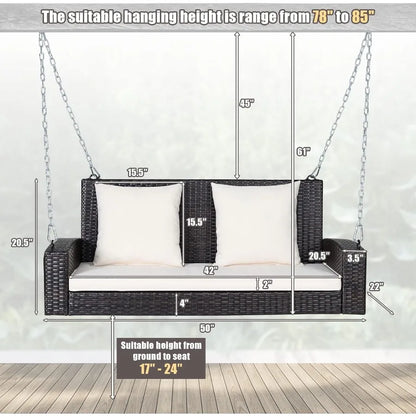 2Person Wicker Porch Swing Patiojoy Outdoor Rattan Hanging Swing Bench with 2 Back Cushions and 1 Seat Cushion Sturdy Steel Cha