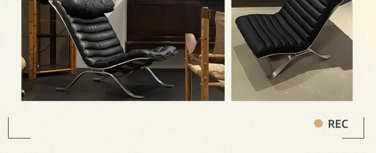 Mid-Century Modern Leather Lounge Chair, Minimalist Accent Leisure Chair with Chrome Metal Base, Retro Style for Living Room