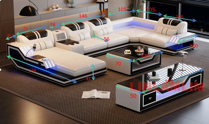 Convertible Genuine Leather Sectional Sofa Bed with Adjustable Headrests, Electric Recliners, Storage, Speakers, USB & LED Light