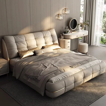 Modern simple light luxury cream style leather bed