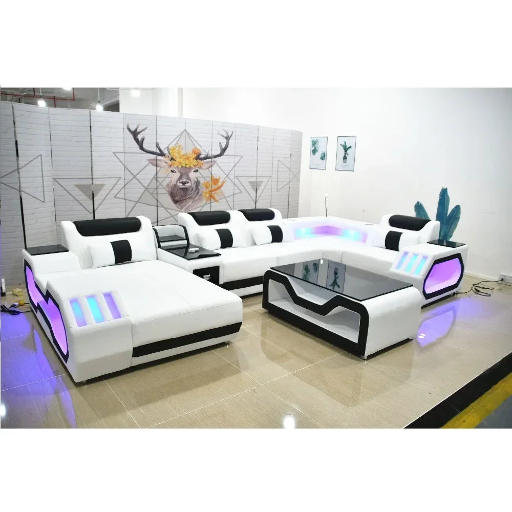 Modern Living Room Sofa Set Genuine Leather Sofas with USB Music Speaker